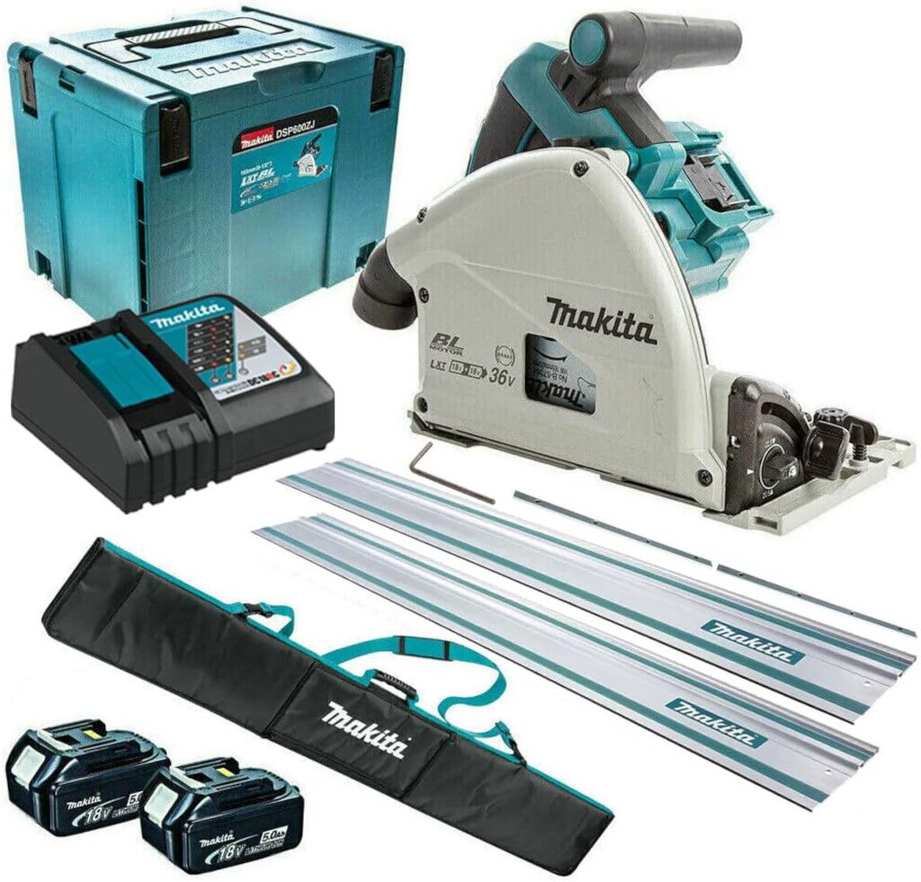 Makita DSP600T2RJ2B Sega Circolare ad affondamento 36V 165 mm + 2x Binario guida 1,5m + Borsa e Connettori