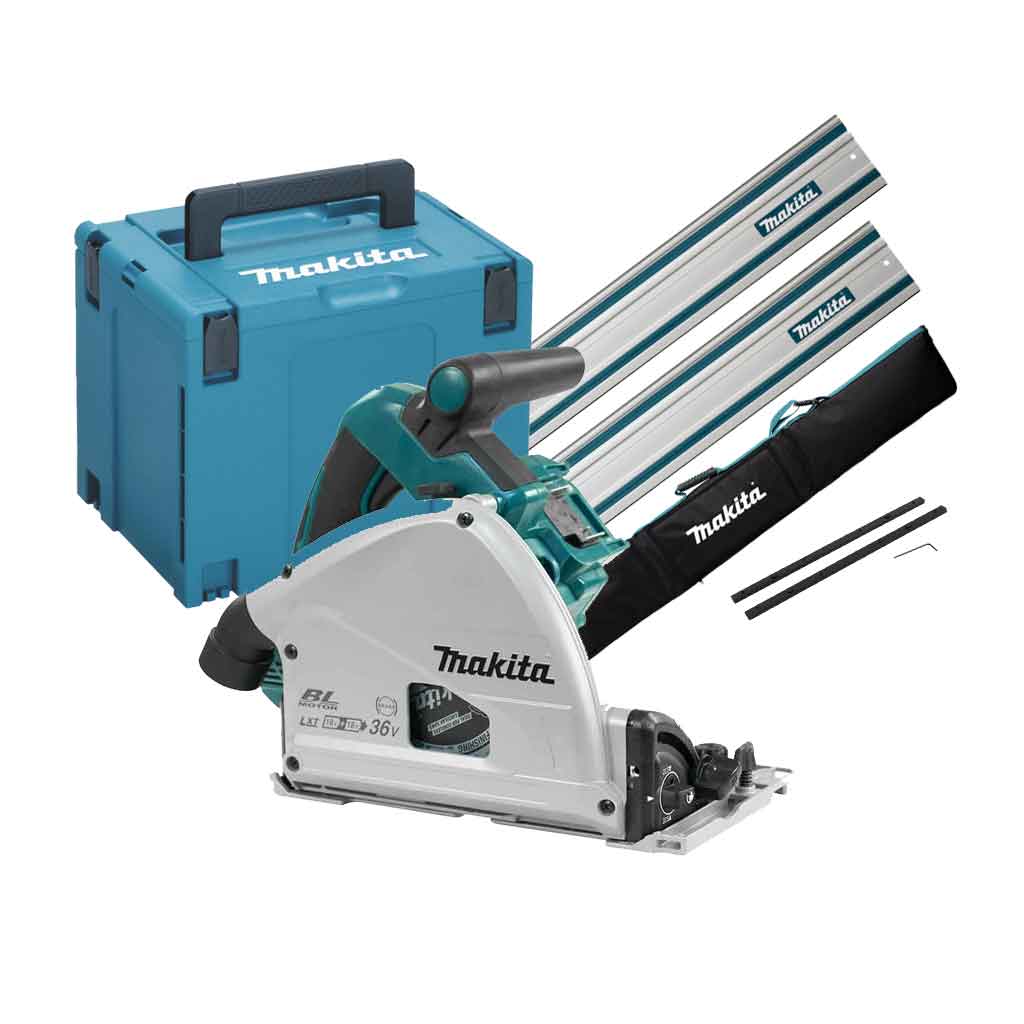Makita DSP600ZJ2B Sega Circolare ad affondamento 36V 165 mm + 2x Binario guida 1,5m + Borsa e Connettori