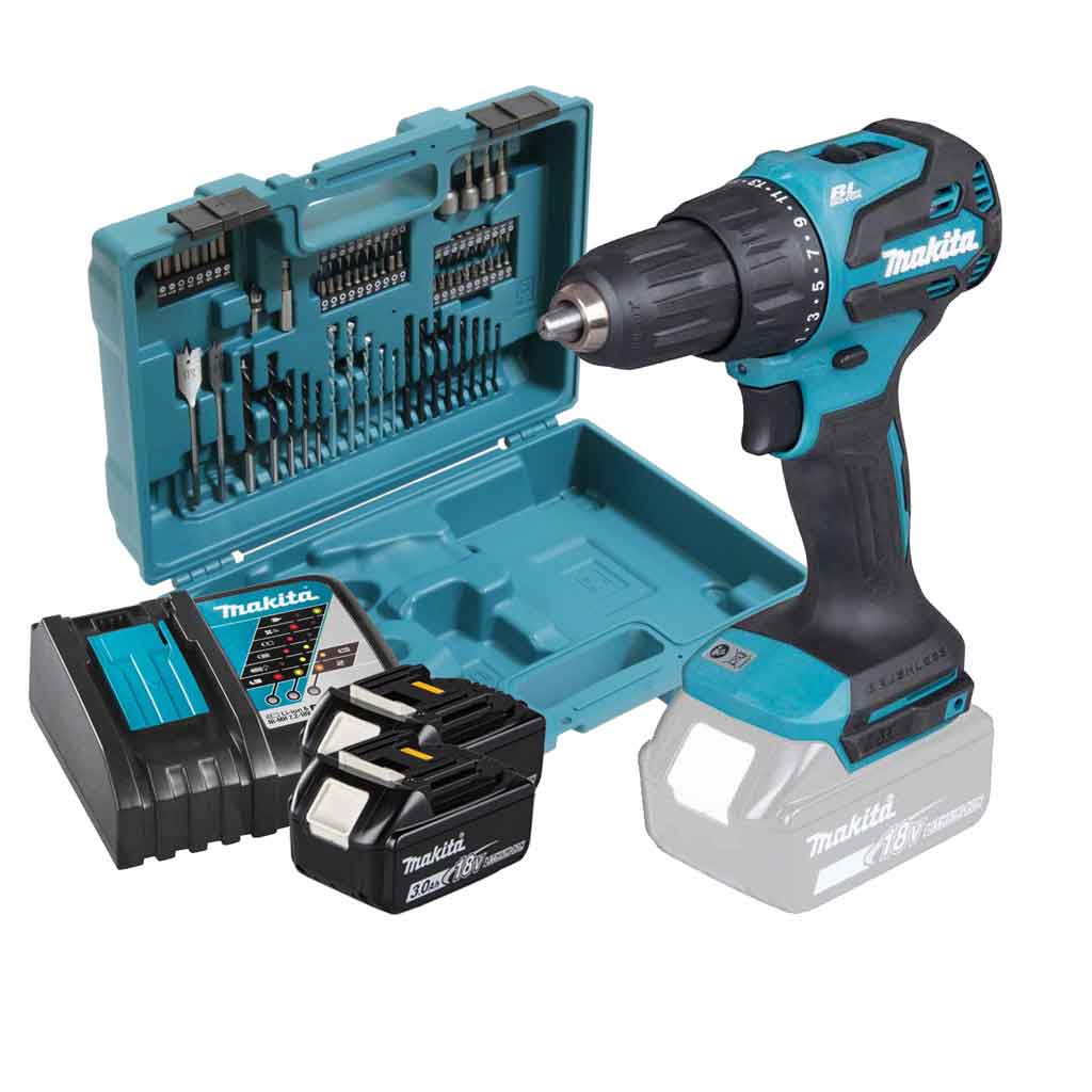 Makita-DHP490RFX3-Trapano-Avvitatore-a-percussione-18V-65Nm-74-Accessori