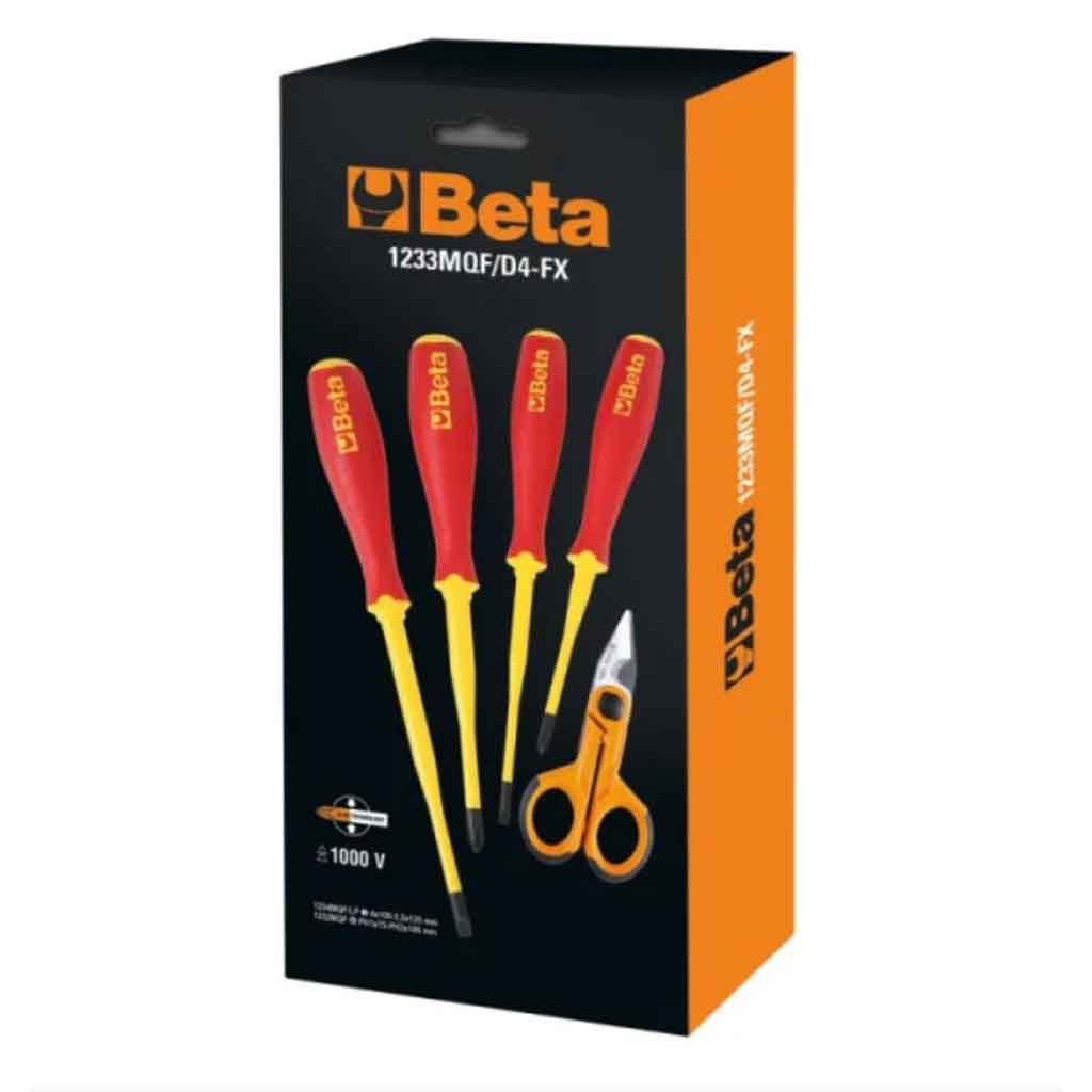 Beta 1233MQFD4 FX Serie di 4 giravite Slim isolati con Forbice 1128FX 012330905 Box